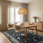 Classic Floral Scrollwork Navy Rug Dining Room View