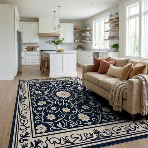 Classic Floral Scrollwork Navy Rug Living Room View