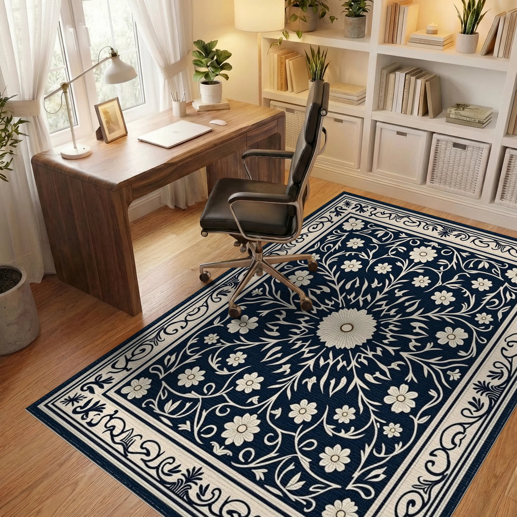 Classic Floral Scrollwork Navy Rug Office View