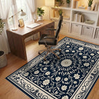 Classic Floral Scrollwork Navy Rug Office View