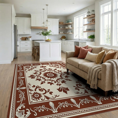 Classic Floral Scrollwork Repeating Pattern Rug Living Room View