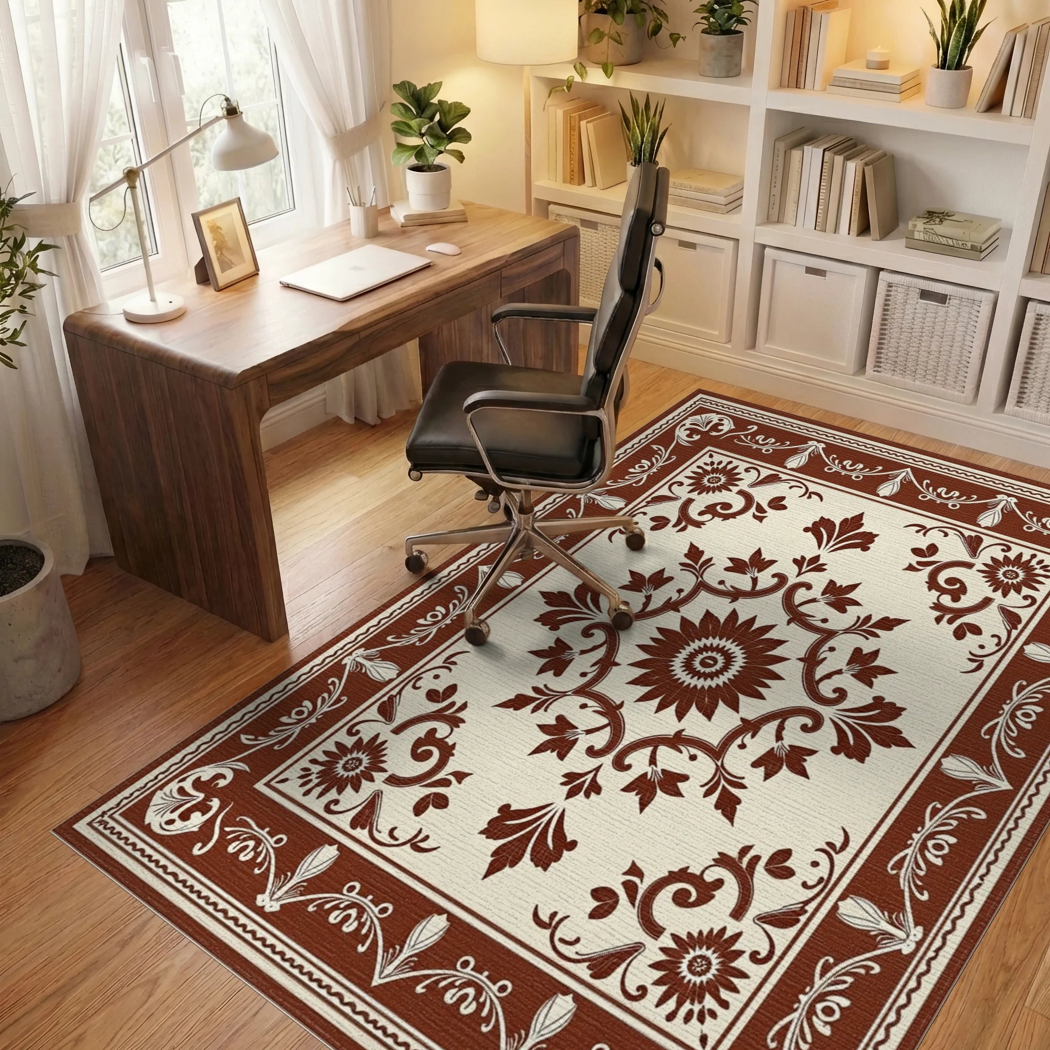 Classic Floral Scrollwork Repeating Pattern Rug Office View