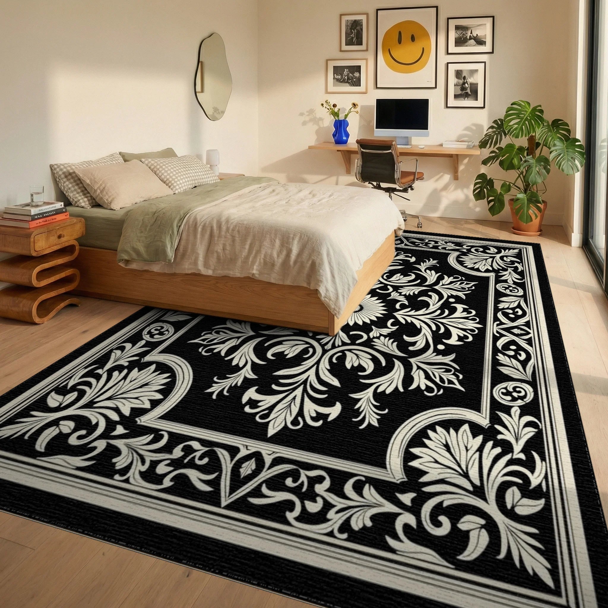 Classic Floral Symmetry On Black Rug Bedroom View