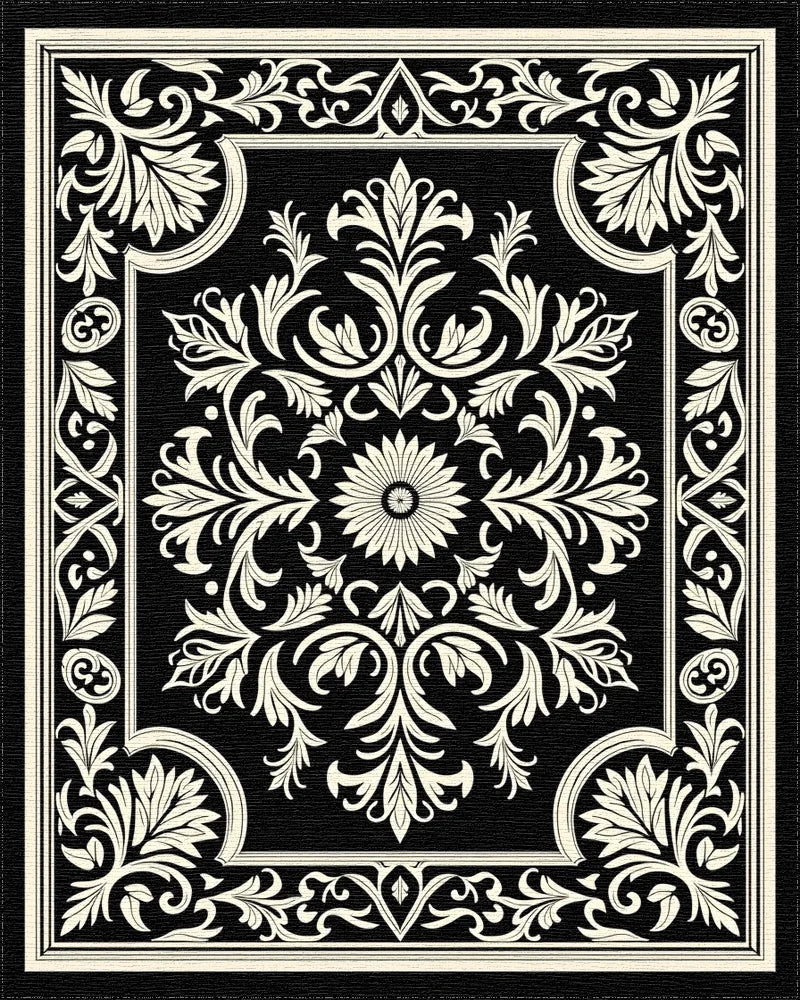 Classic Floral Symmetry On Black Rug - Cutout View