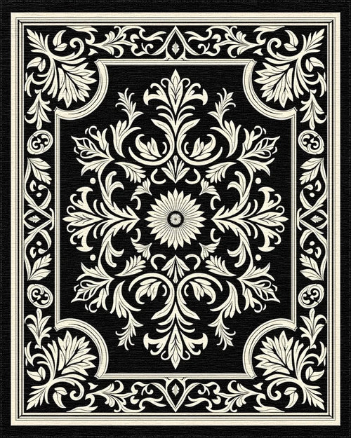 Classic Floral Symmetry On Black Rug - Cutout View