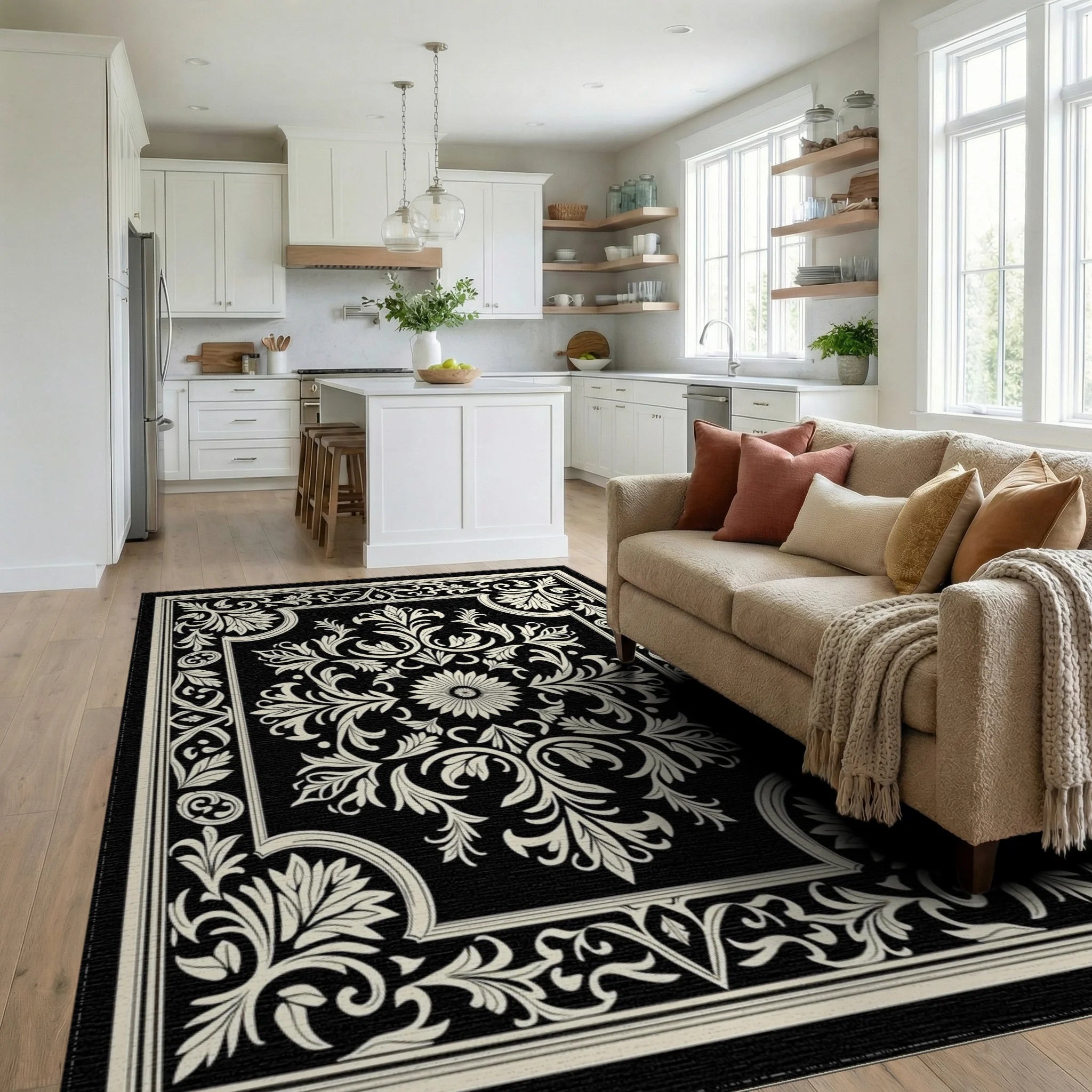 Classic Floral Symmetry On Black Rug Living Room View