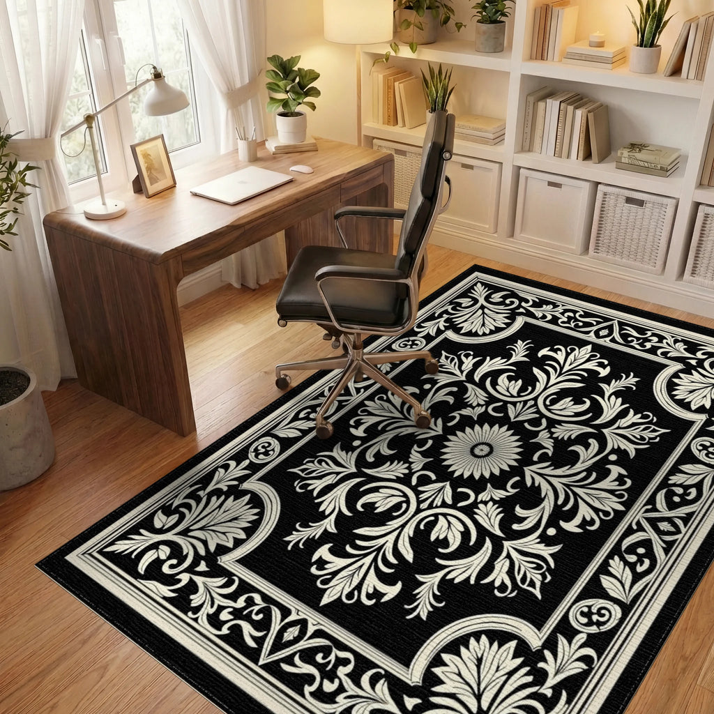 Classic Floral Symmetry On Black Rug Office View