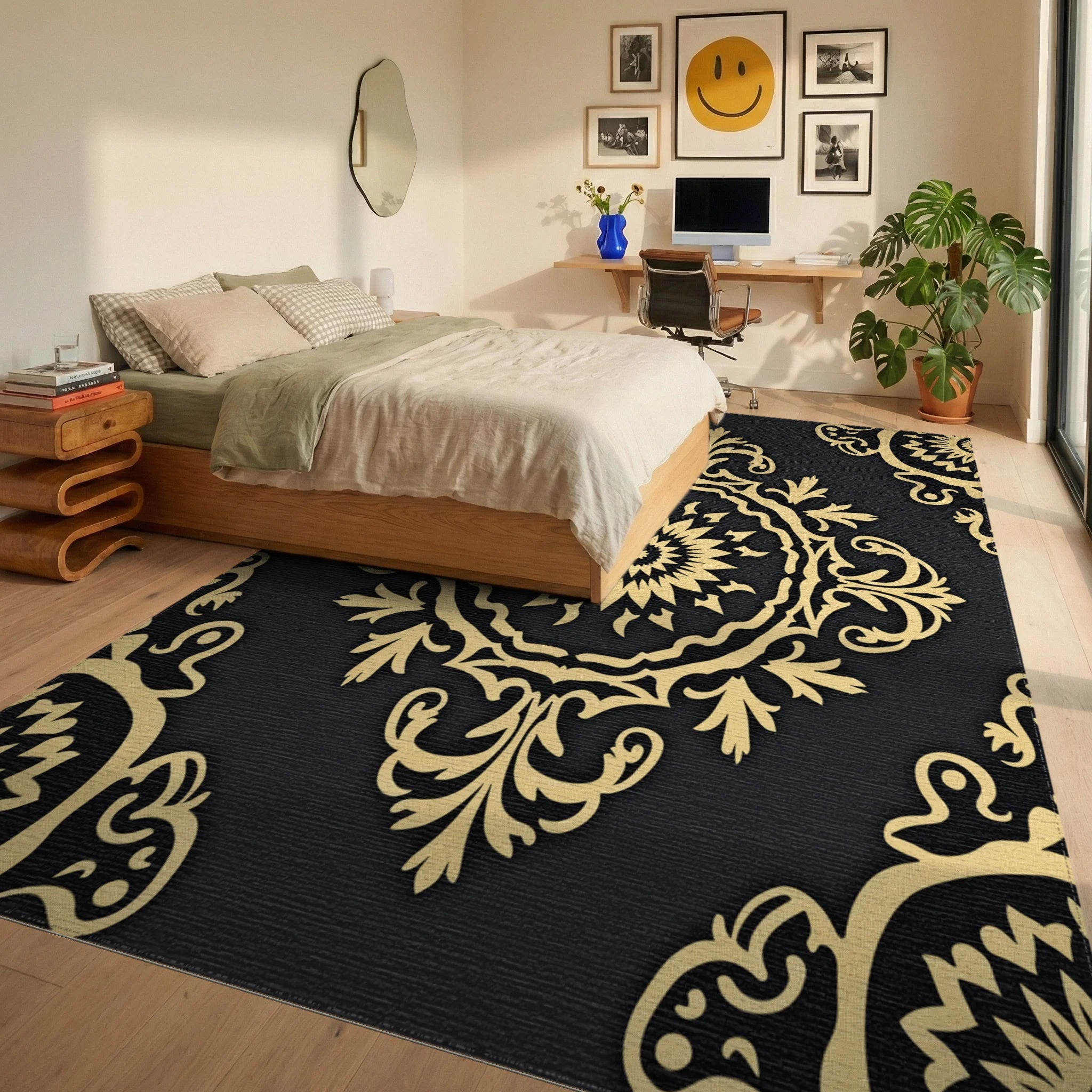 Classic Gold Floral Medallion Rug - Bedroom View