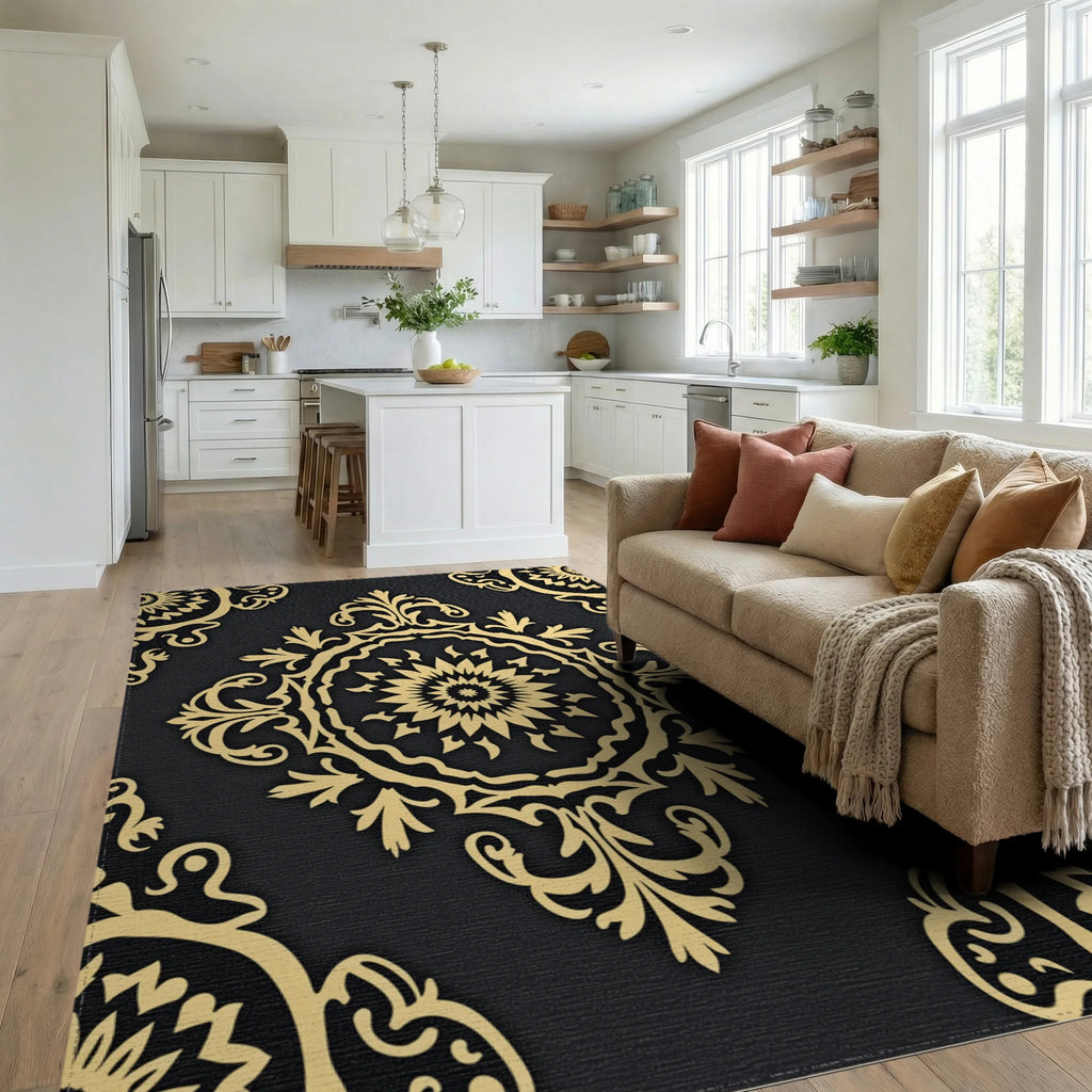 Classic Gold Floral Medallion Rug - Living Room View