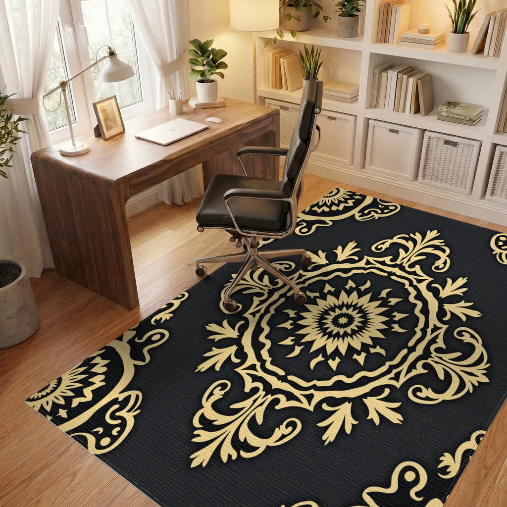 Classic Gold Floral Medallion Rug - Office View