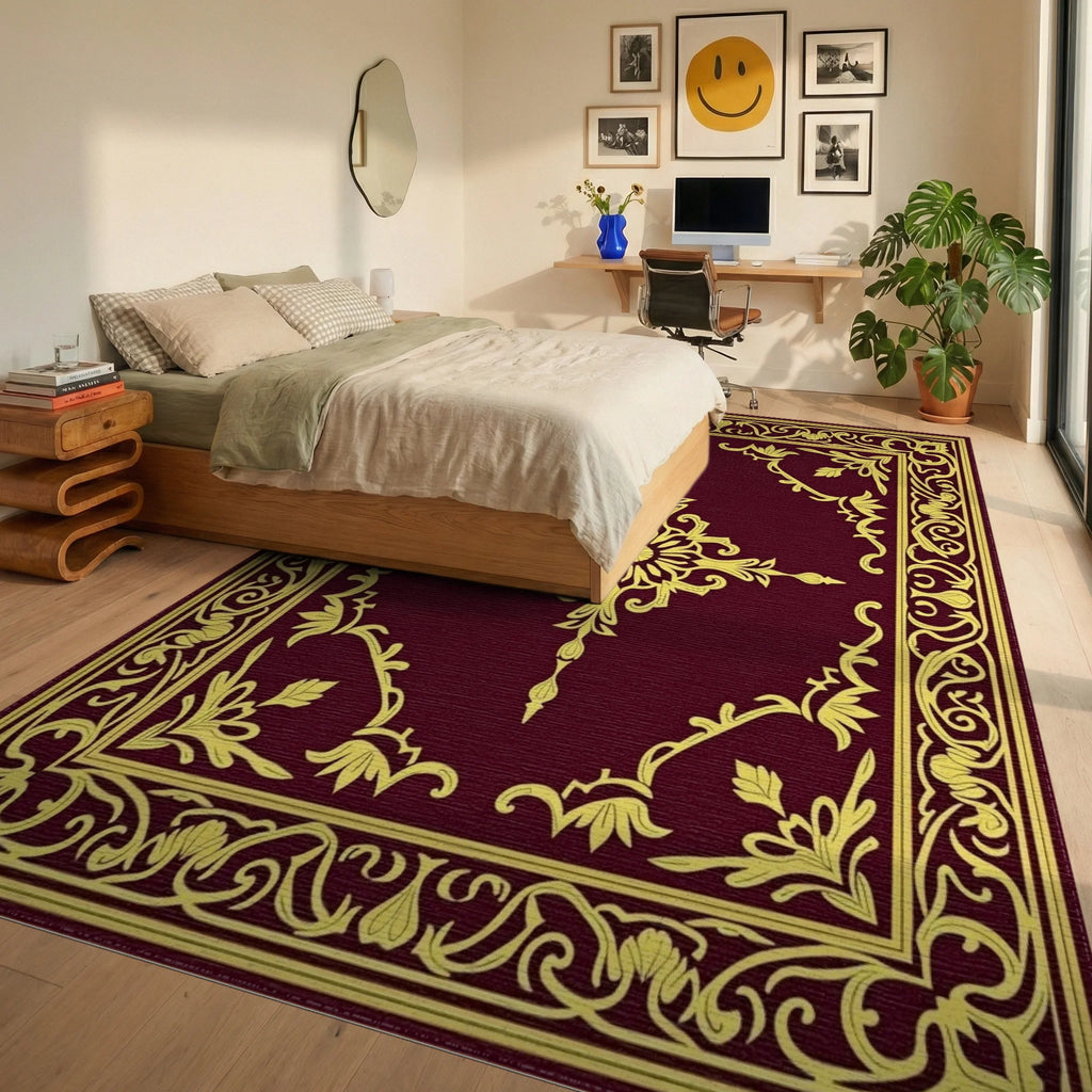 Classic Gold Floral Scroll Pattern Rug - Bedroom View