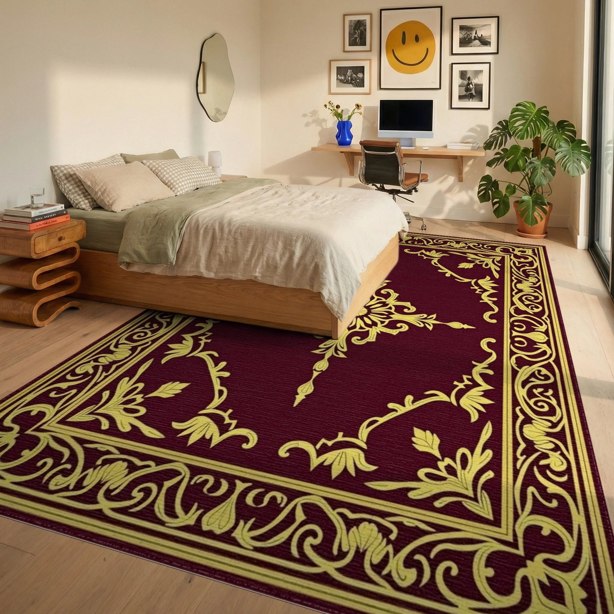 Classic Gold Floral Scroll Pattern Rug - Bedroom View