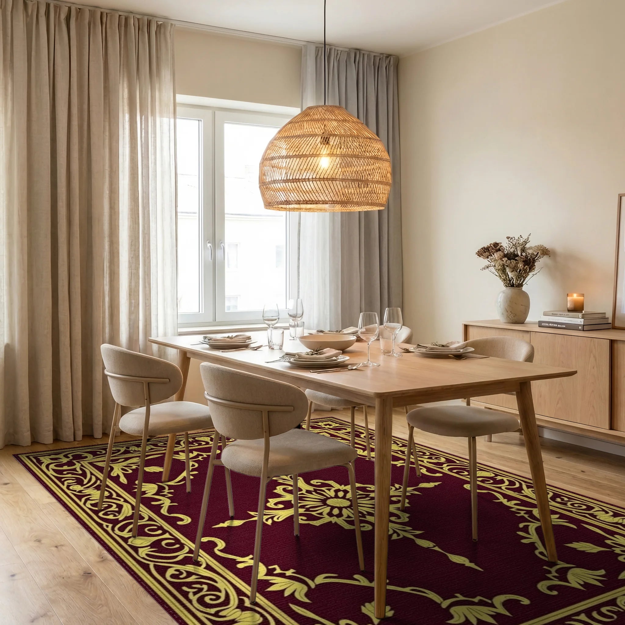 Classic Gold Floral Scroll Pattern Rug - Dining Room View