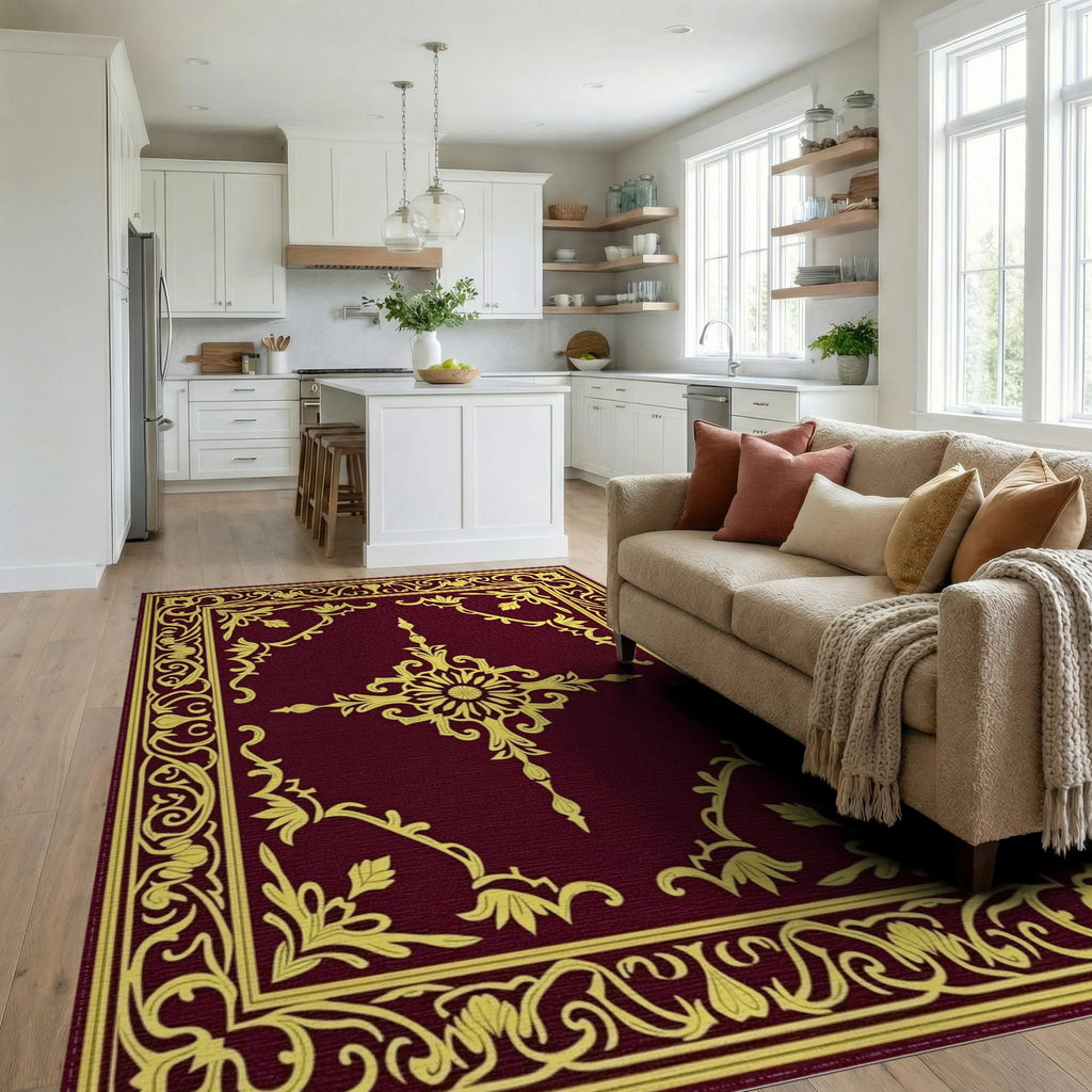 Classic Gold Floral Scroll Pattern Rug - Living Room View
