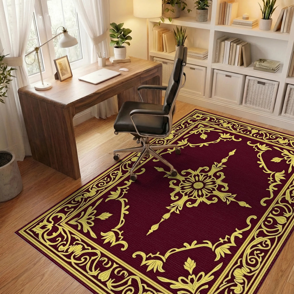 Classic Gold Floral Scroll Pattern Rug - Office View