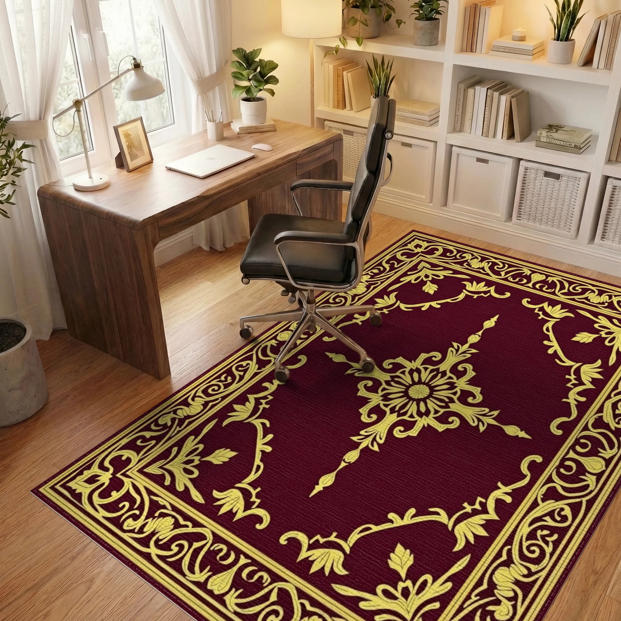 Classic Gold Floral Scroll Pattern Rug - Office View