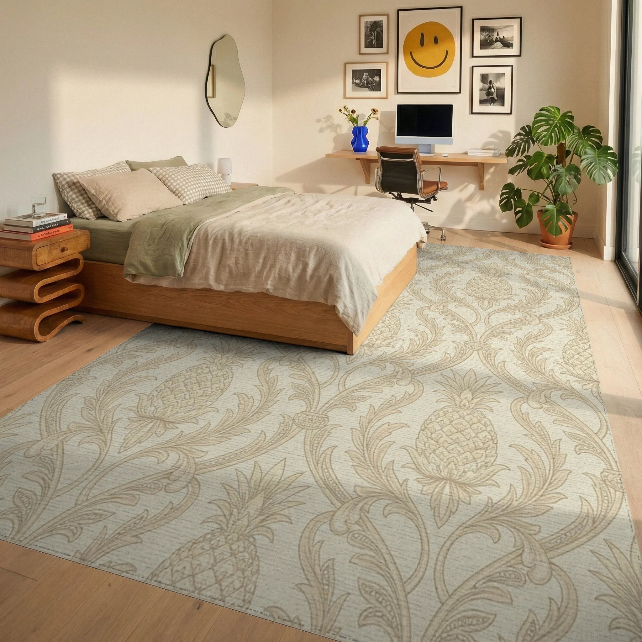 Classic Golden Pineapple Damask Rug Bedroom View