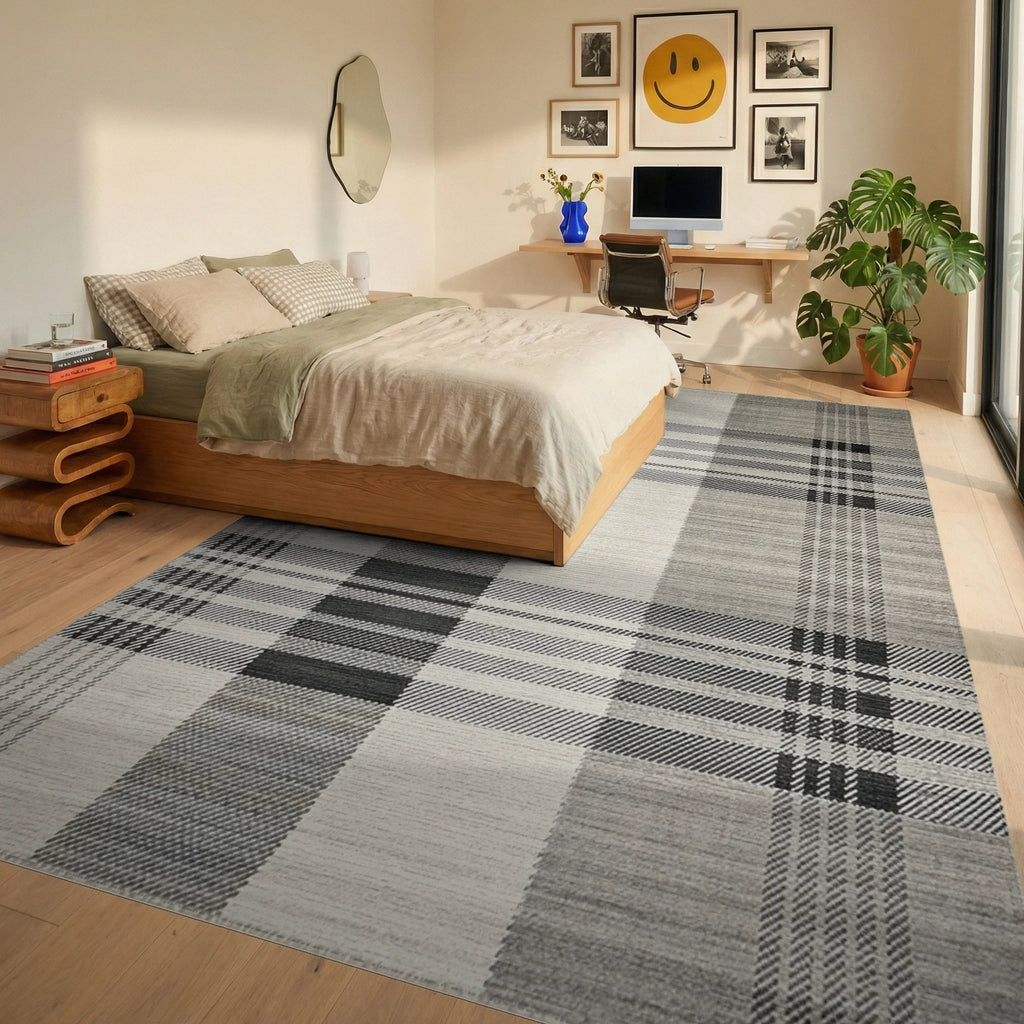 Classic Gray Plaid Checkered Rug - Bedroom View
