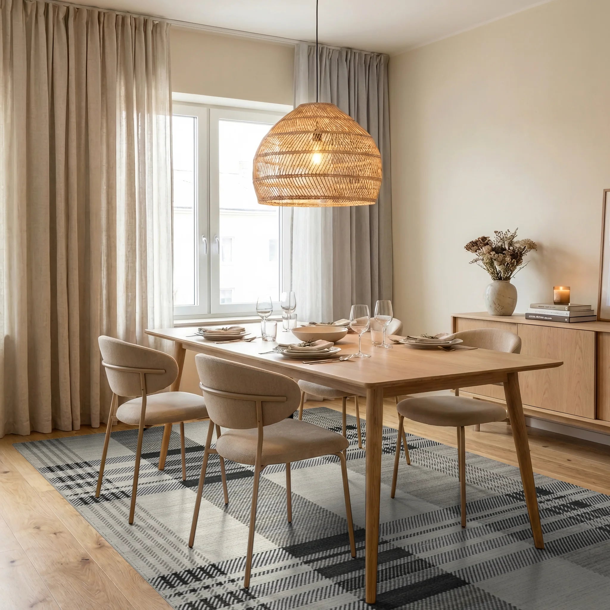 Classic Gray Plaid Checkered Rug - Dining Room View