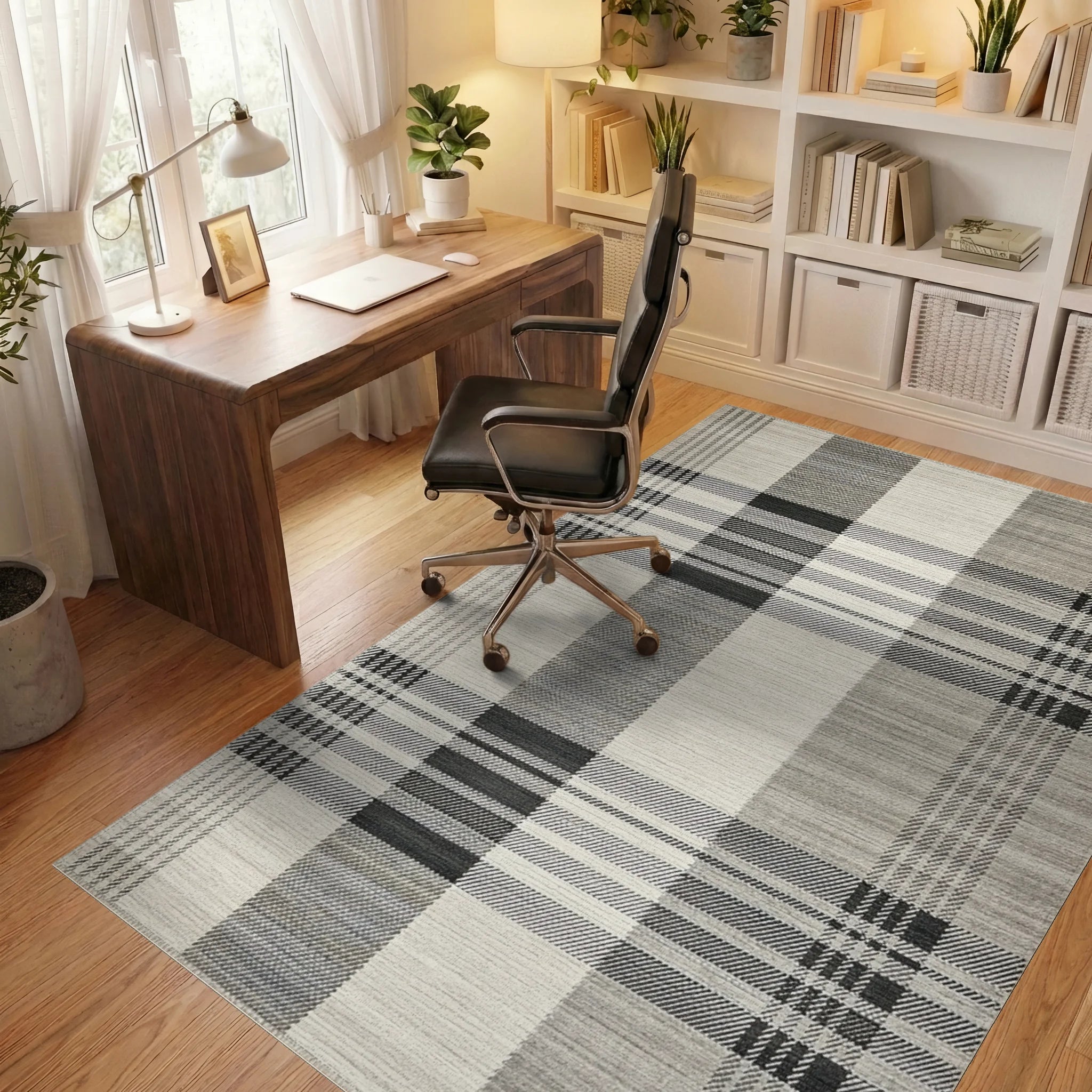 Classic Gray Plaid Checkered Rug - Office View