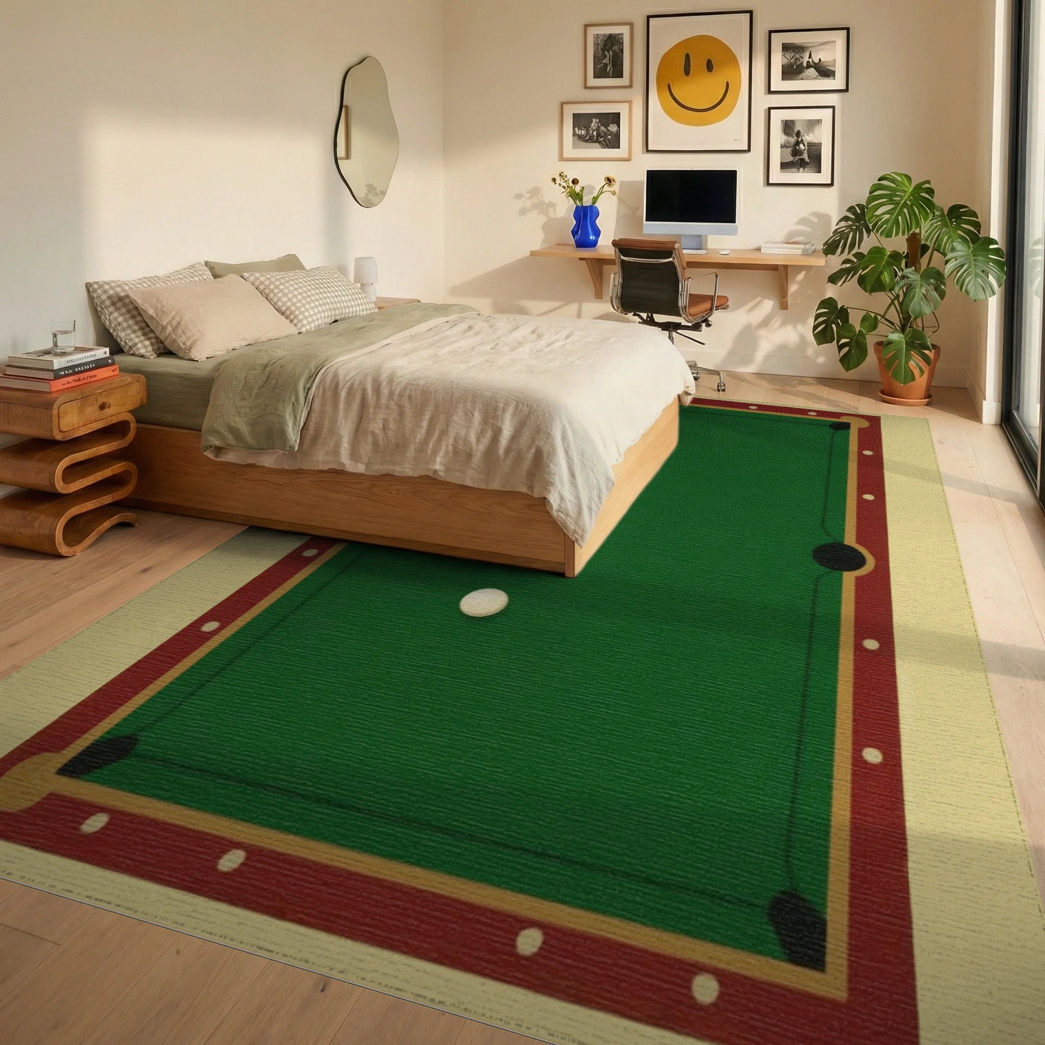 Classic Green Felt Billiard Table Rug - Bedroom View