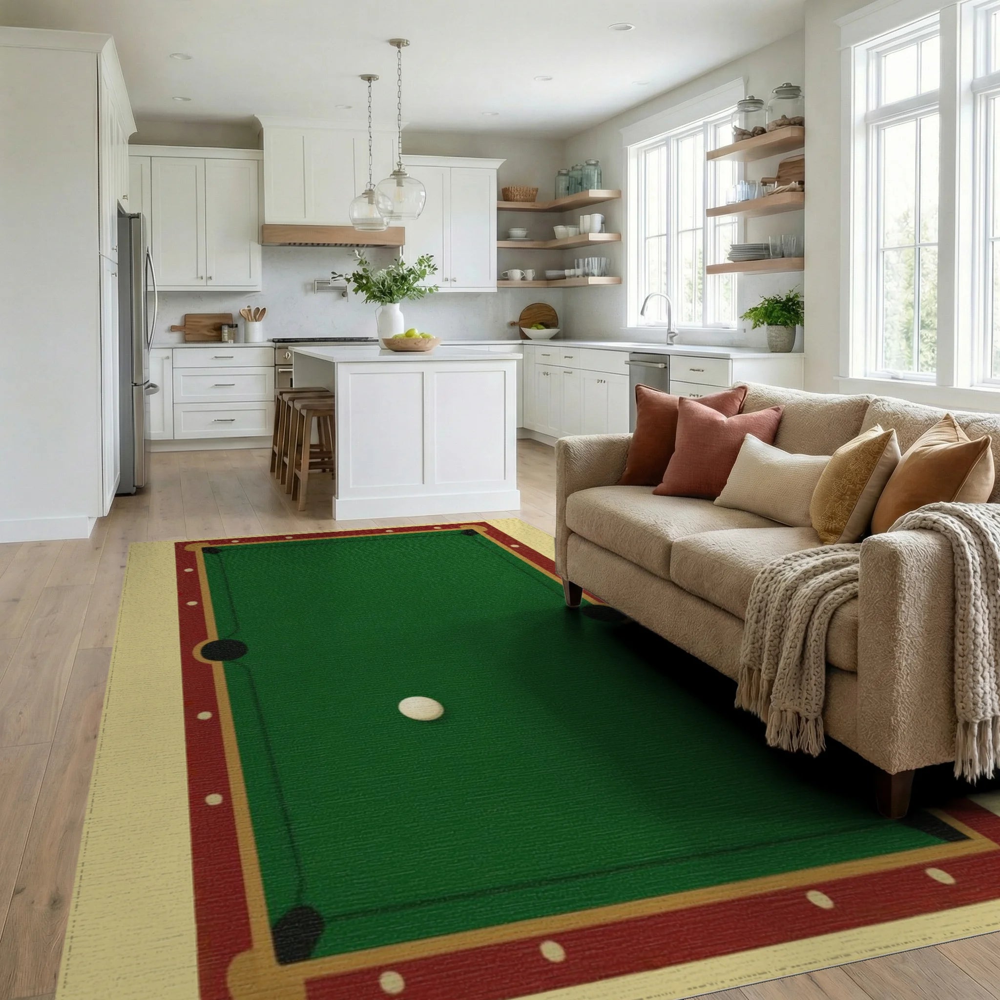 Classic Green Felt Billiard Table Rug - Living Room View