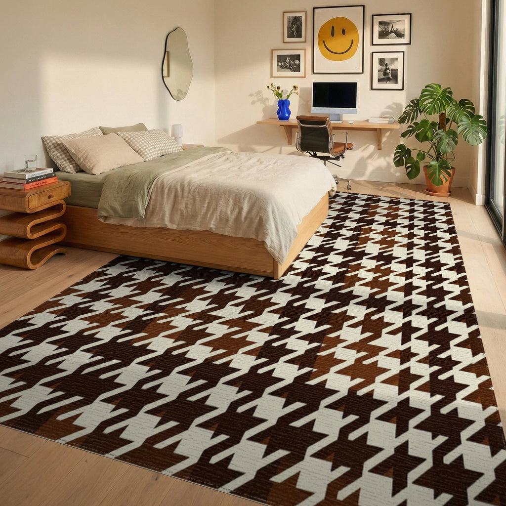 Classic Houndstooth Brown Cream Pattern Rug Bedroom View