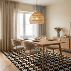 Classic Houndstooth Brown Cream Pattern Rug Dining Room View