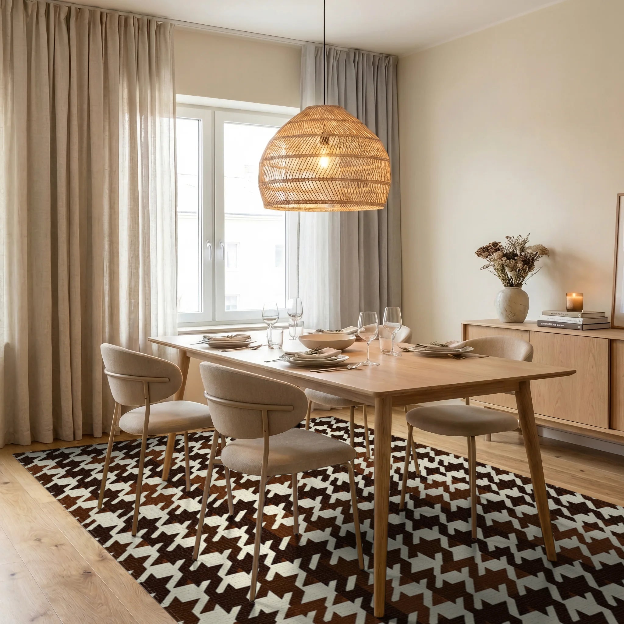 Classic Houndstooth Brown Cream Pattern Rug Dining Room View