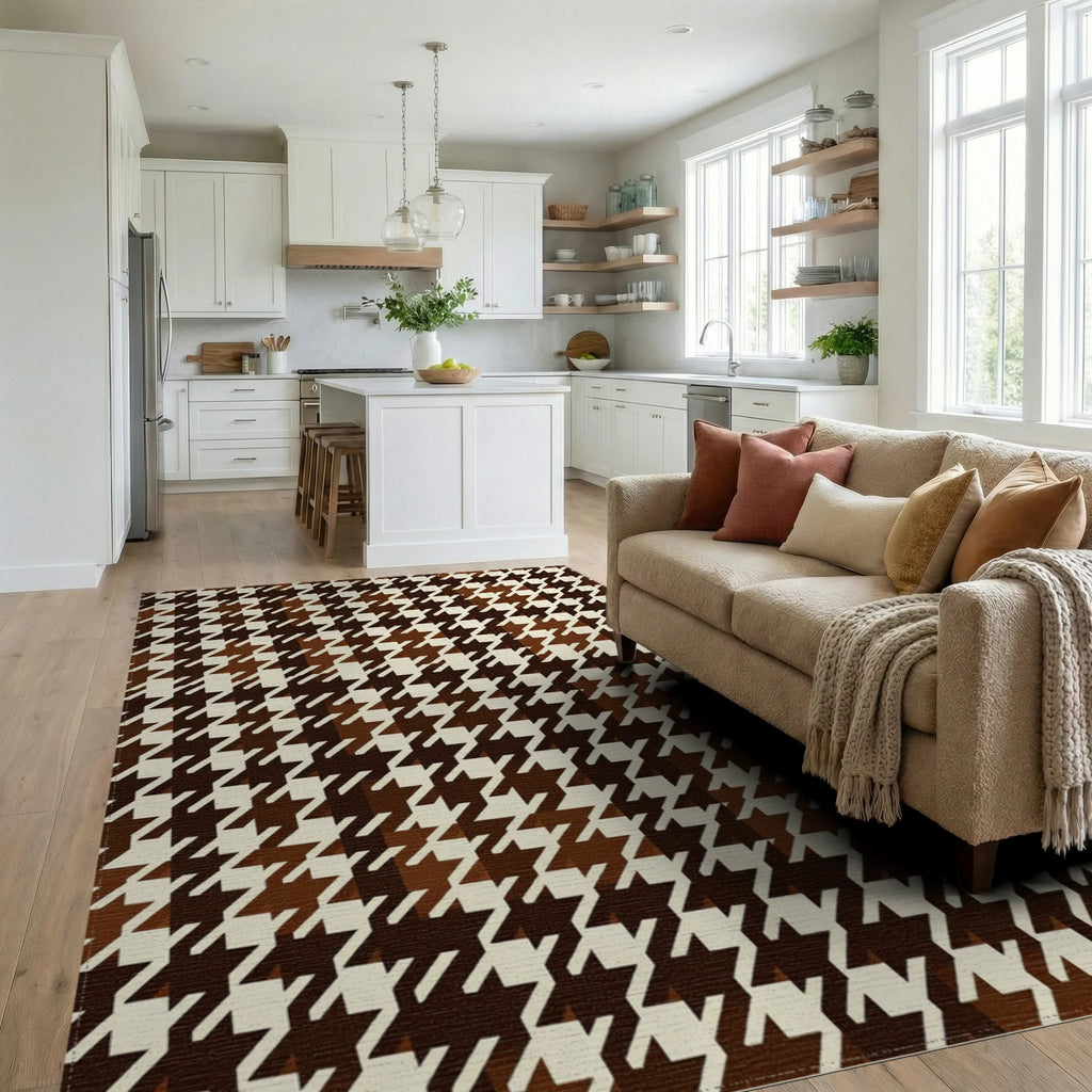 Classic Houndstooth Brown Cream Pattern Rug Living Room View