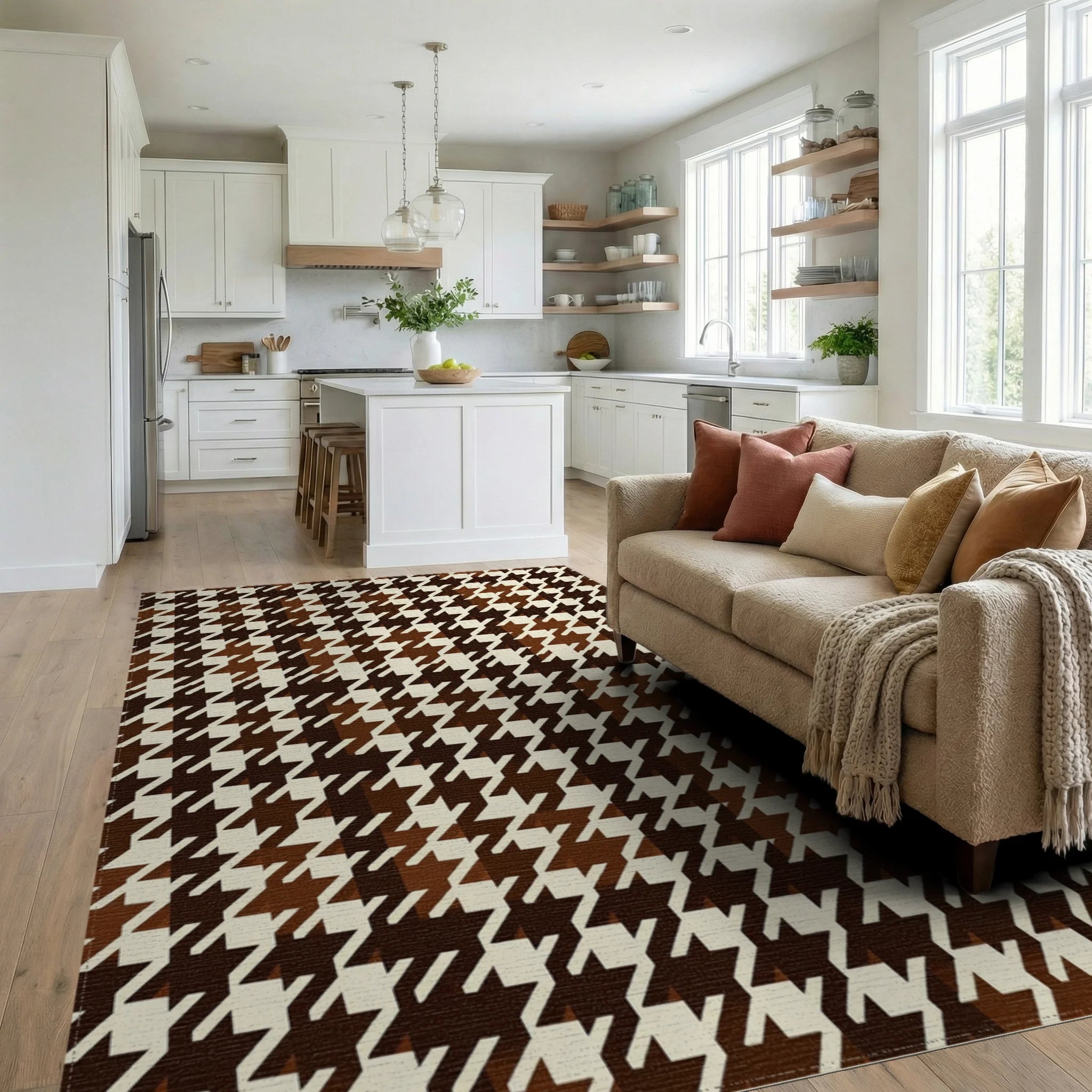 Classic Houndstooth Brown Cream Pattern Rug Living Room View