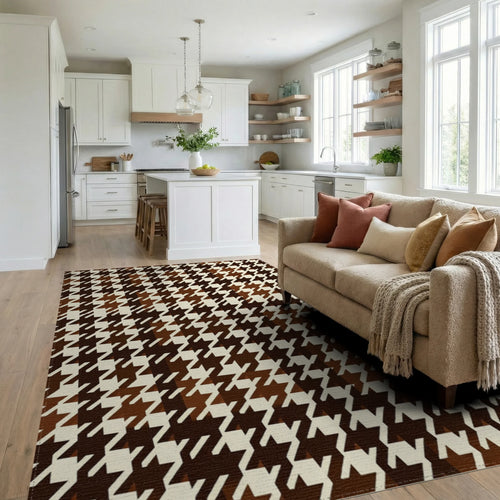 Classic Houndstooth Brown Cream Pattern Rug Living Room View