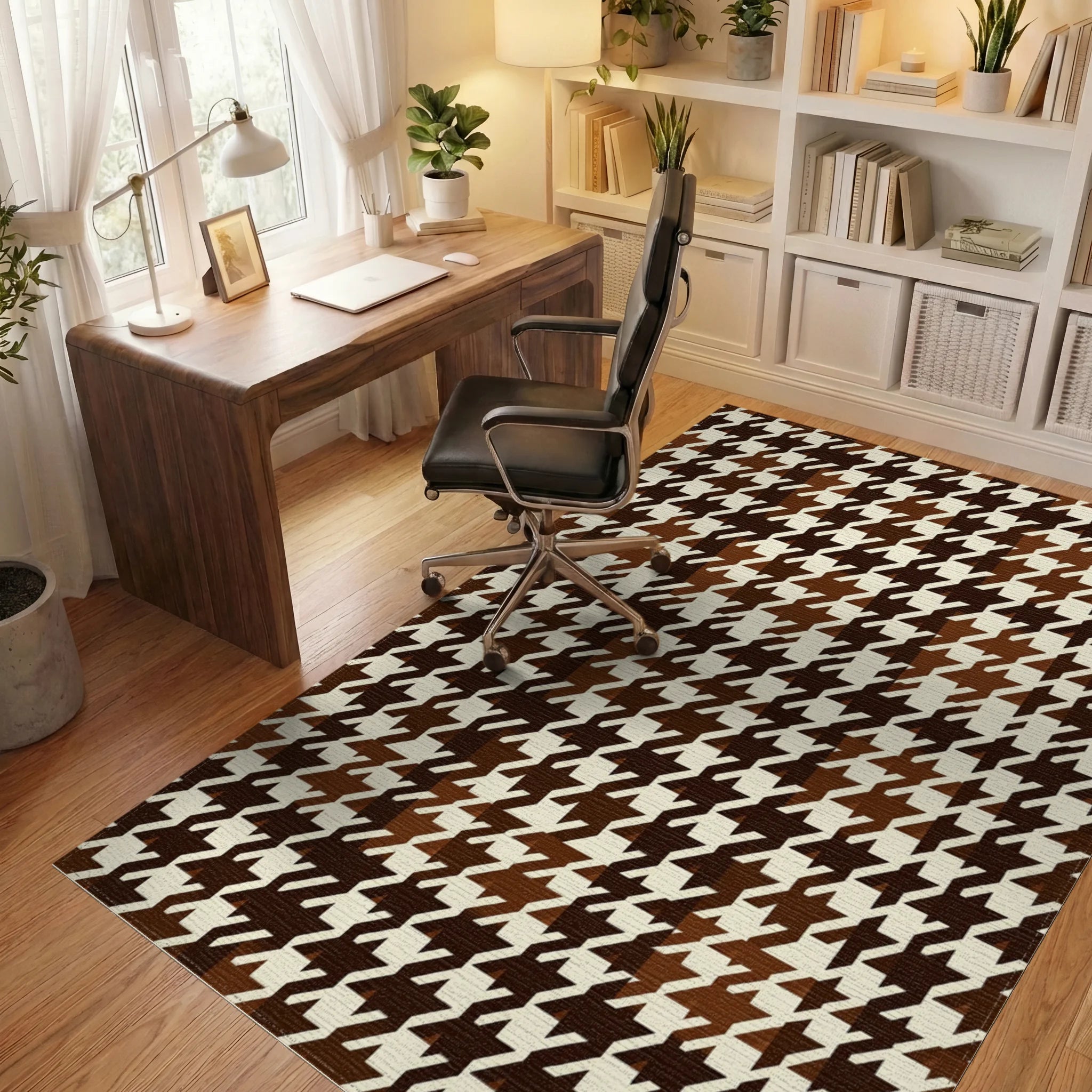 Classic Houndstooth Brown Cream Pattern Rug Office View