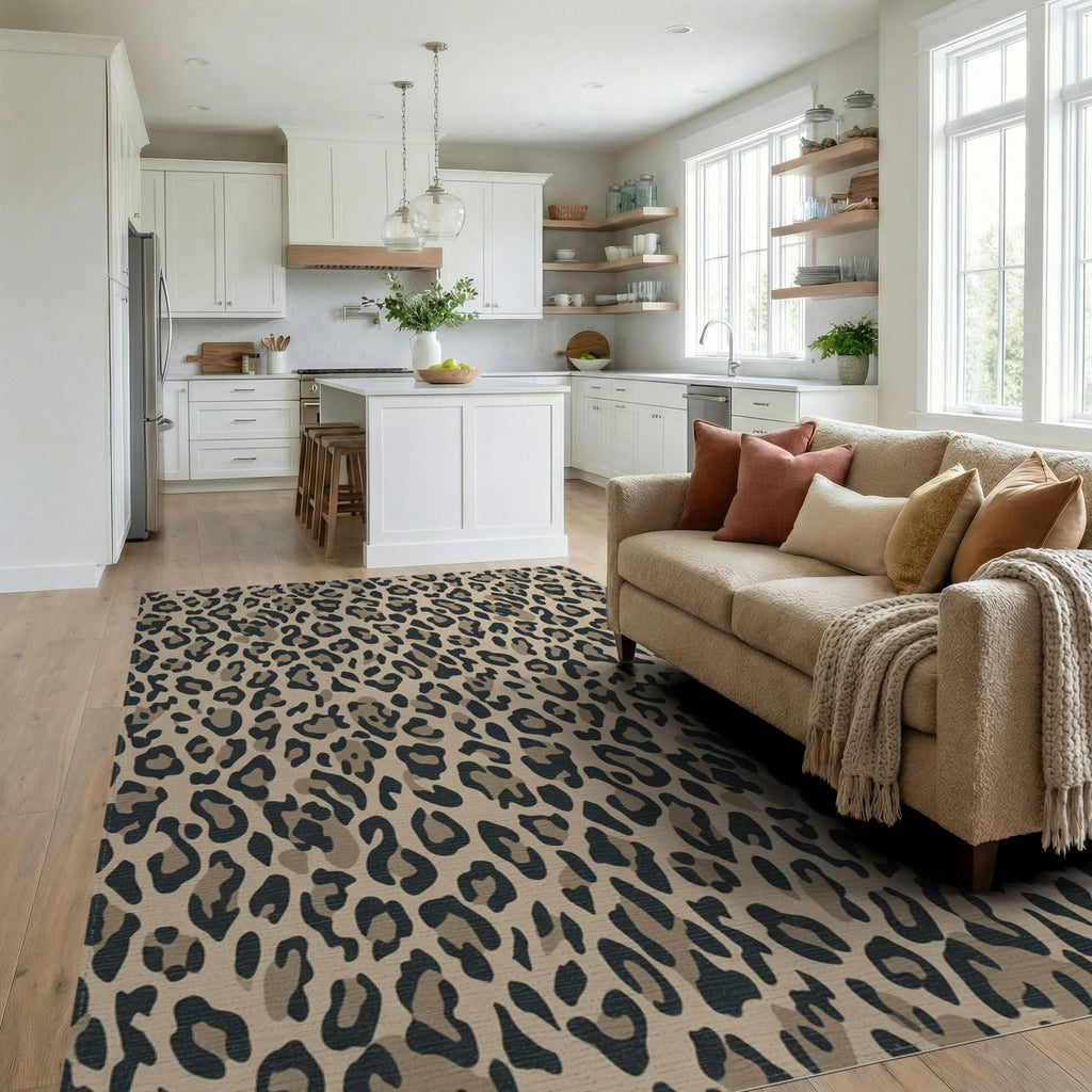 Classic Leopard Spots Tan Rug Living Room View