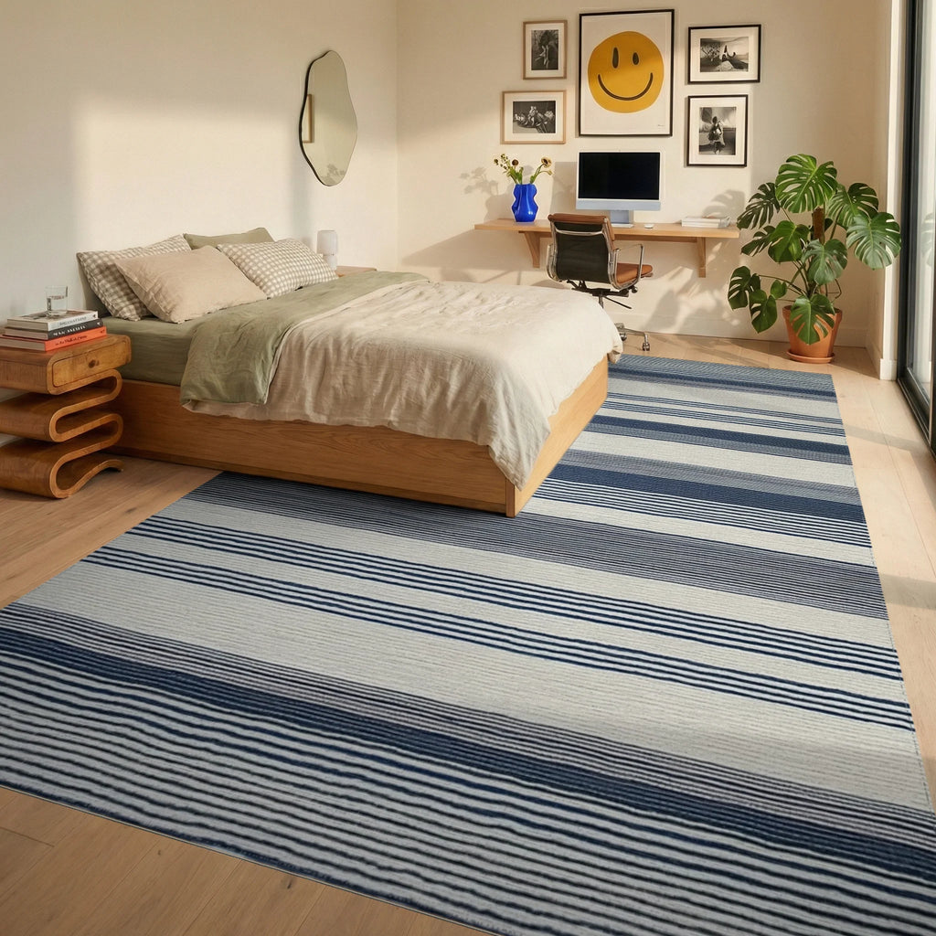 Classic Navy And Cream Striped Rug - Bedroom View