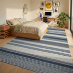 Classic Navy And Cream Striped Rug - Bedroom View