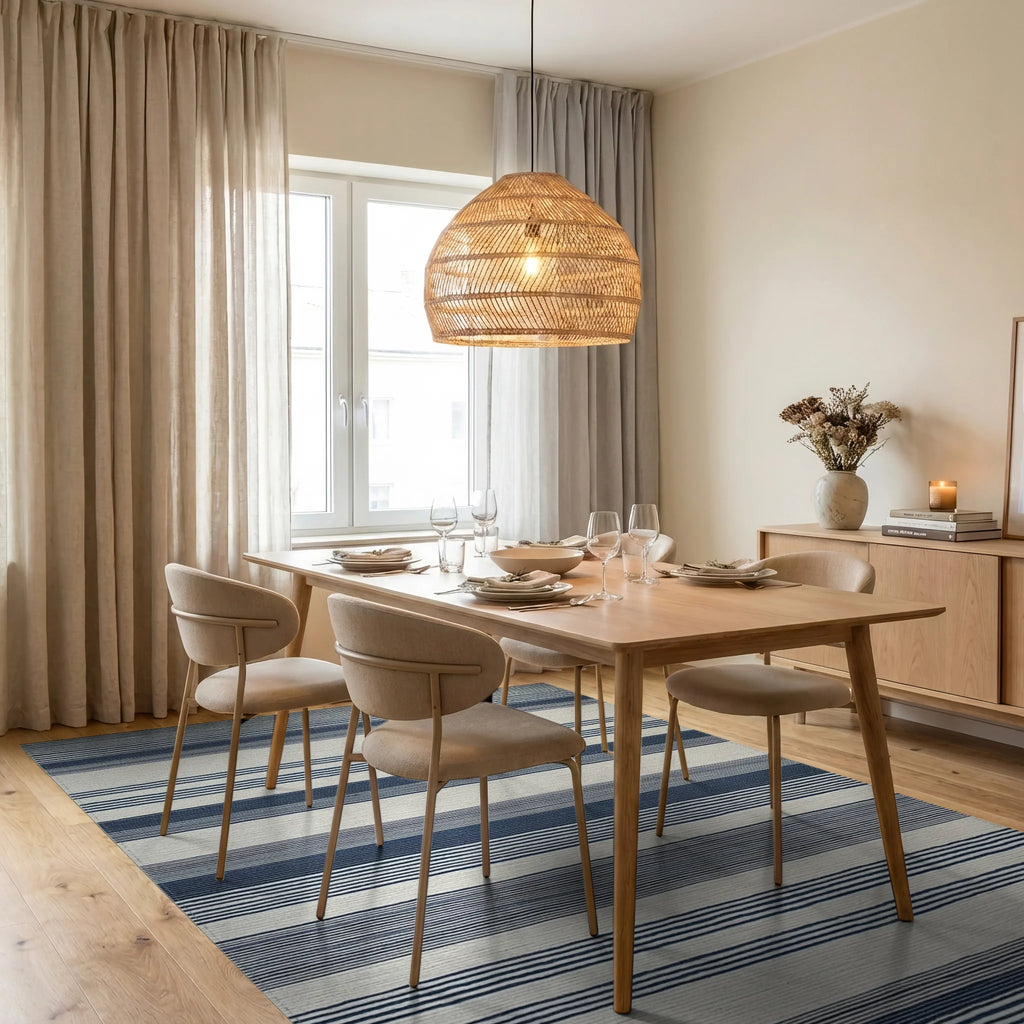 Classic Navy And Cream Striped Rug - Dining Room View