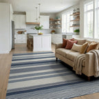 Classic Navy And Cream Striped Rug - Living Room View