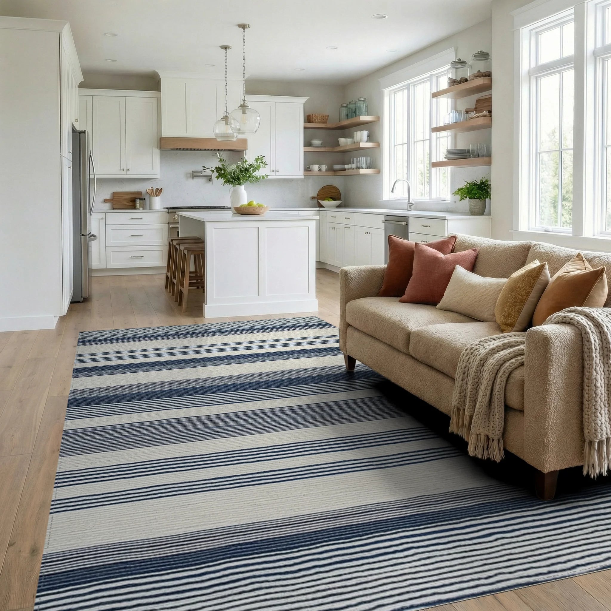 Classic Navy And Cream Striped Rug - Living Room View