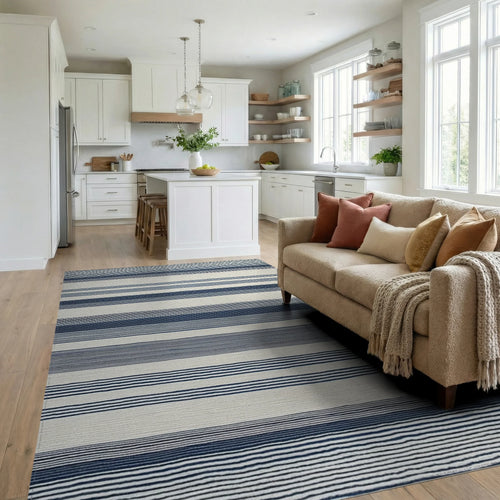 Classic Navy And Cream Striped Rug - Living Room View
