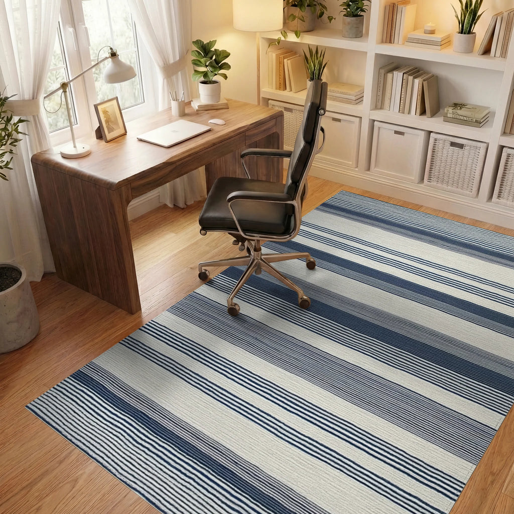 Classic Navy And Cream Striped Rug - Office View