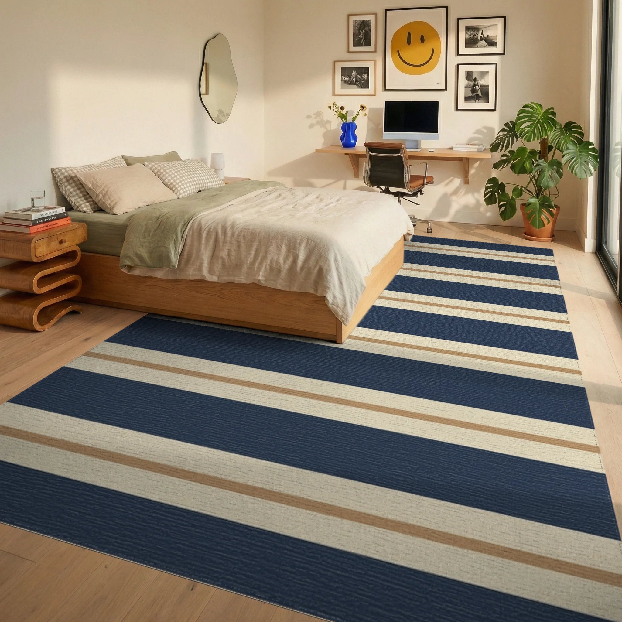 Classic Navy Cream Gold Stripe Rug Bedroom View