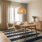 Classic Navy Cream Gold Stripe Rug Dining Room View