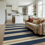 Classic Navy Cream Gold Stripe Rug Living Room View