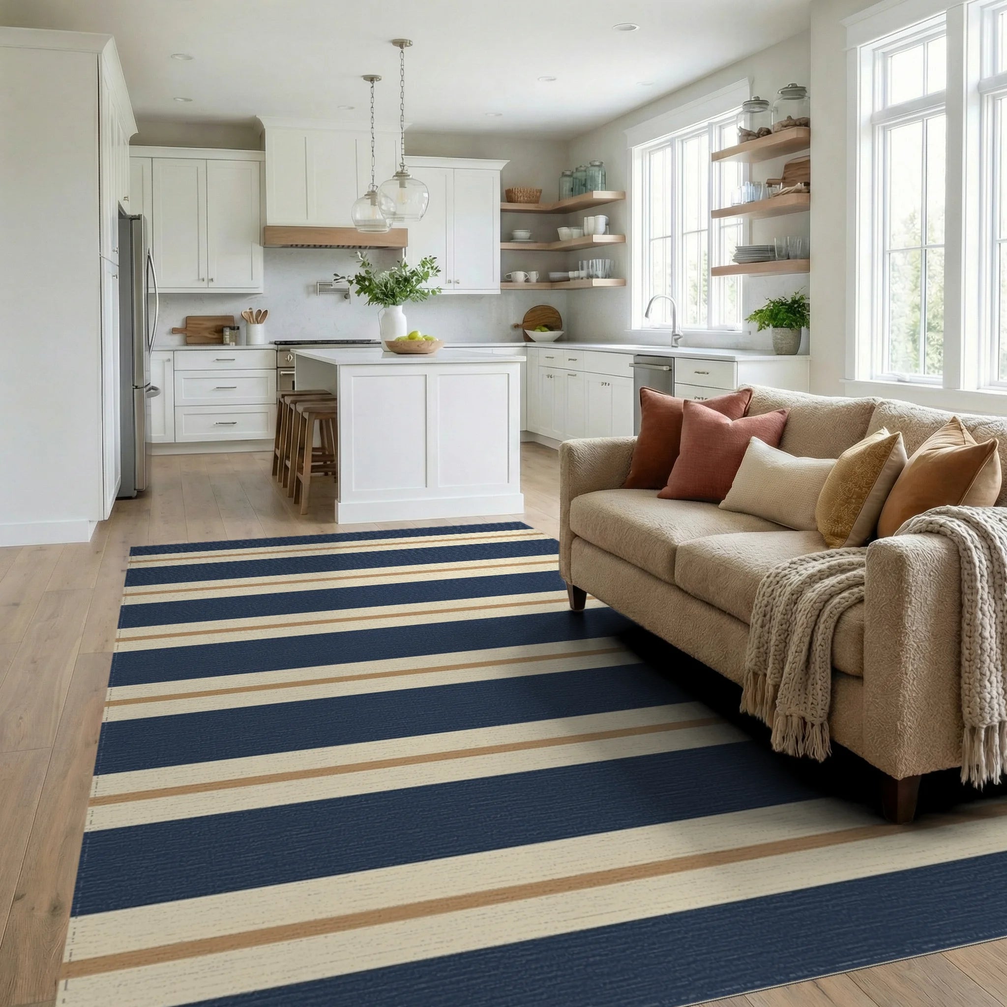 Classic Navy Cream Gold Stripe Rug Living Room View