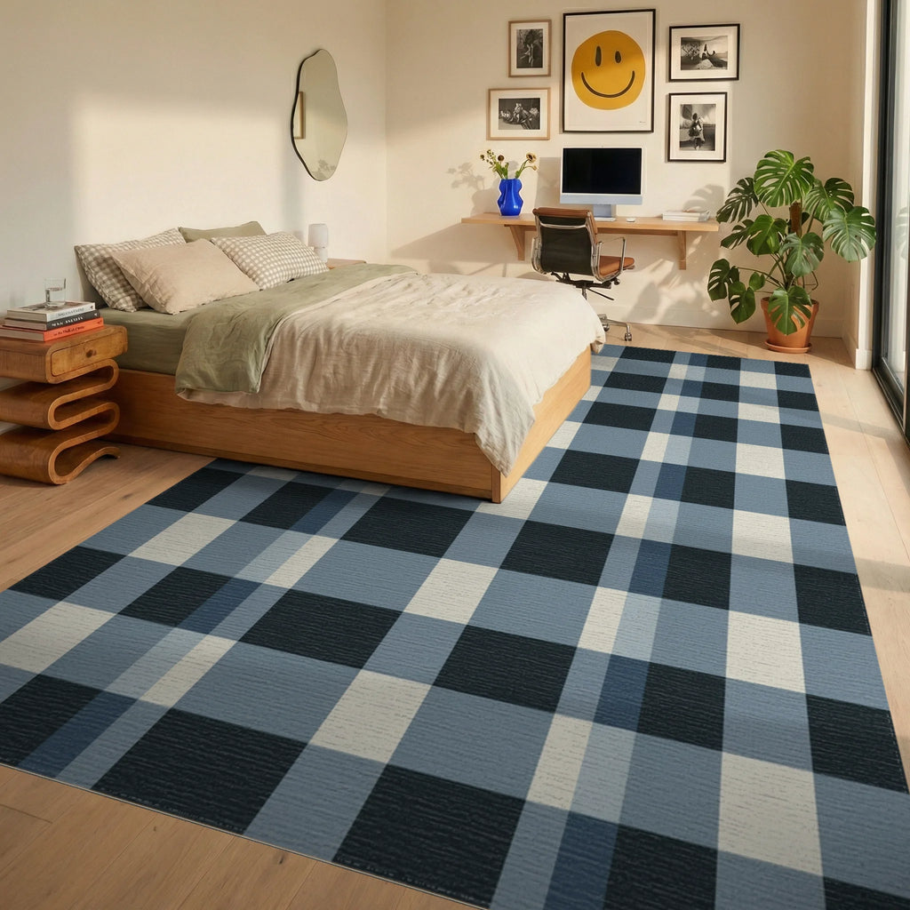 Classic Navy Cream Plaid Squares Rug Bedroom View