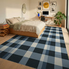 Classic Navy Cream Plaid Squares Rug Bedroom View