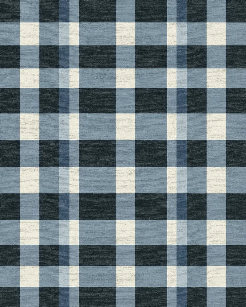 Classic Navy Cream Plaid Squares Rug - Cutout View
