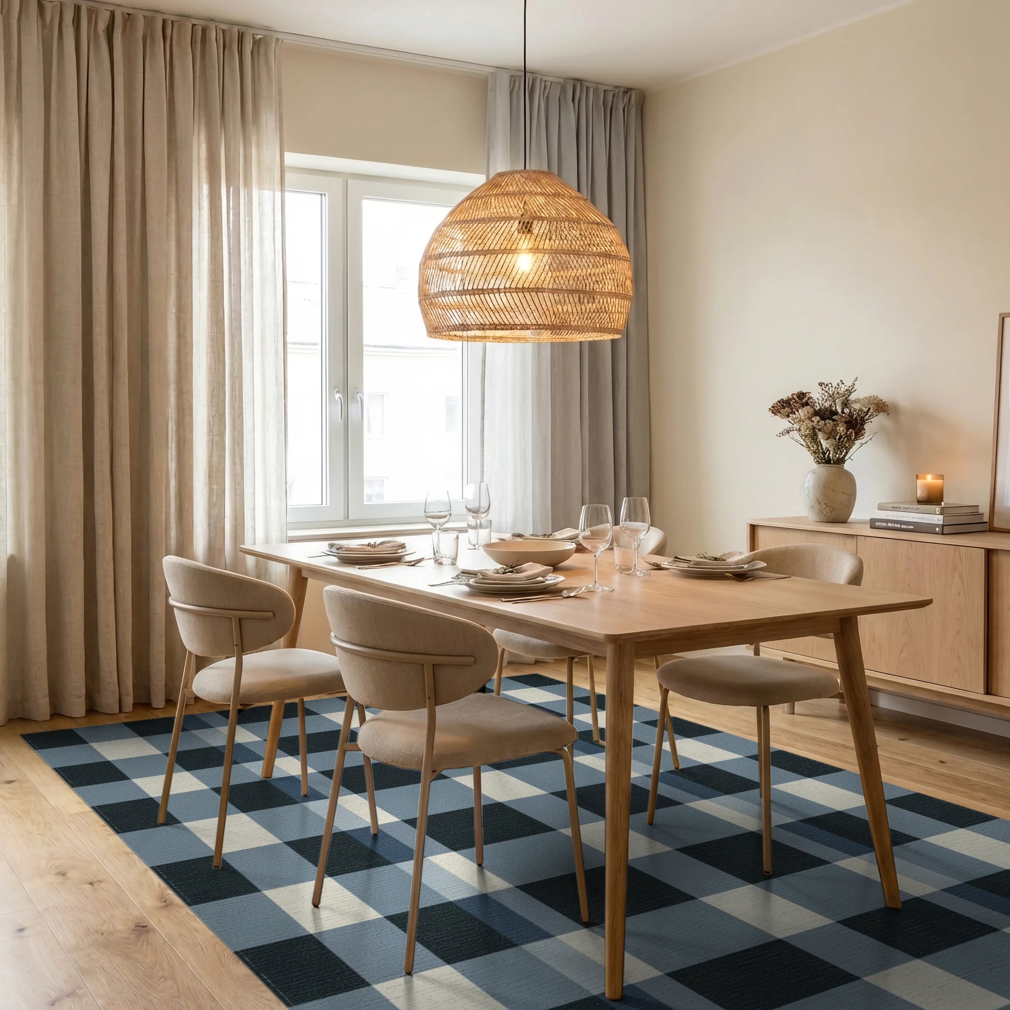 Classic Navy Cream Plaid Squares Rug Dining Room View