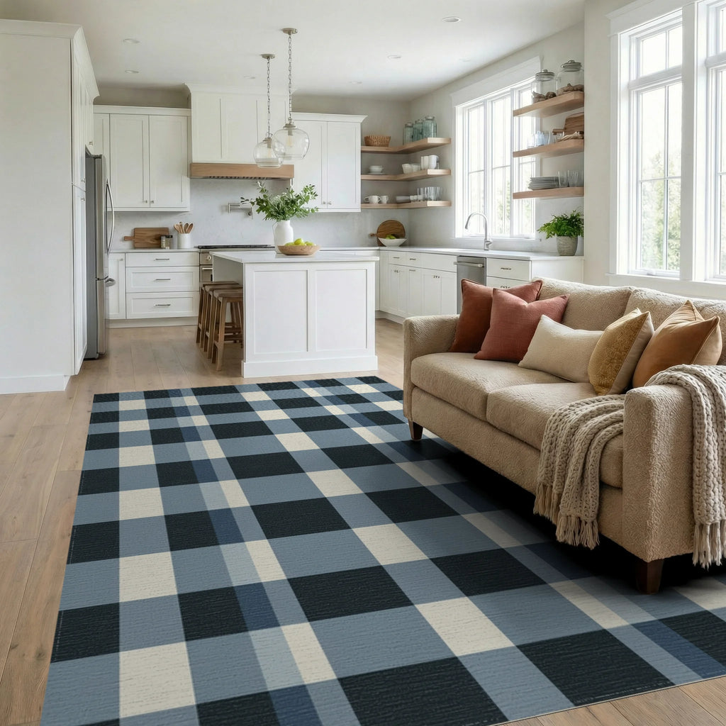 Classic Navy Cream Plaid Squares Rug Living Room View